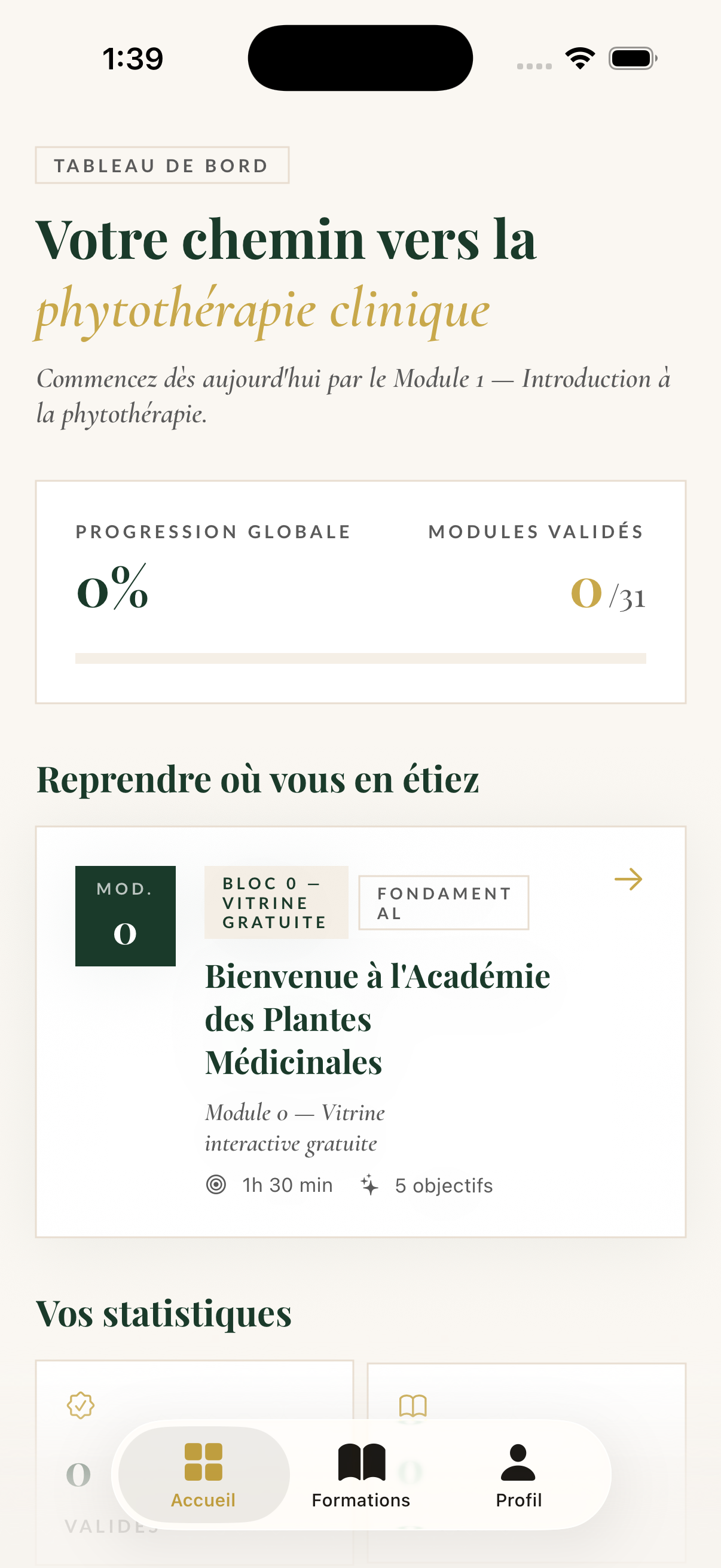Académie des Plantes — tableau de bord élève avec progression globale et modules