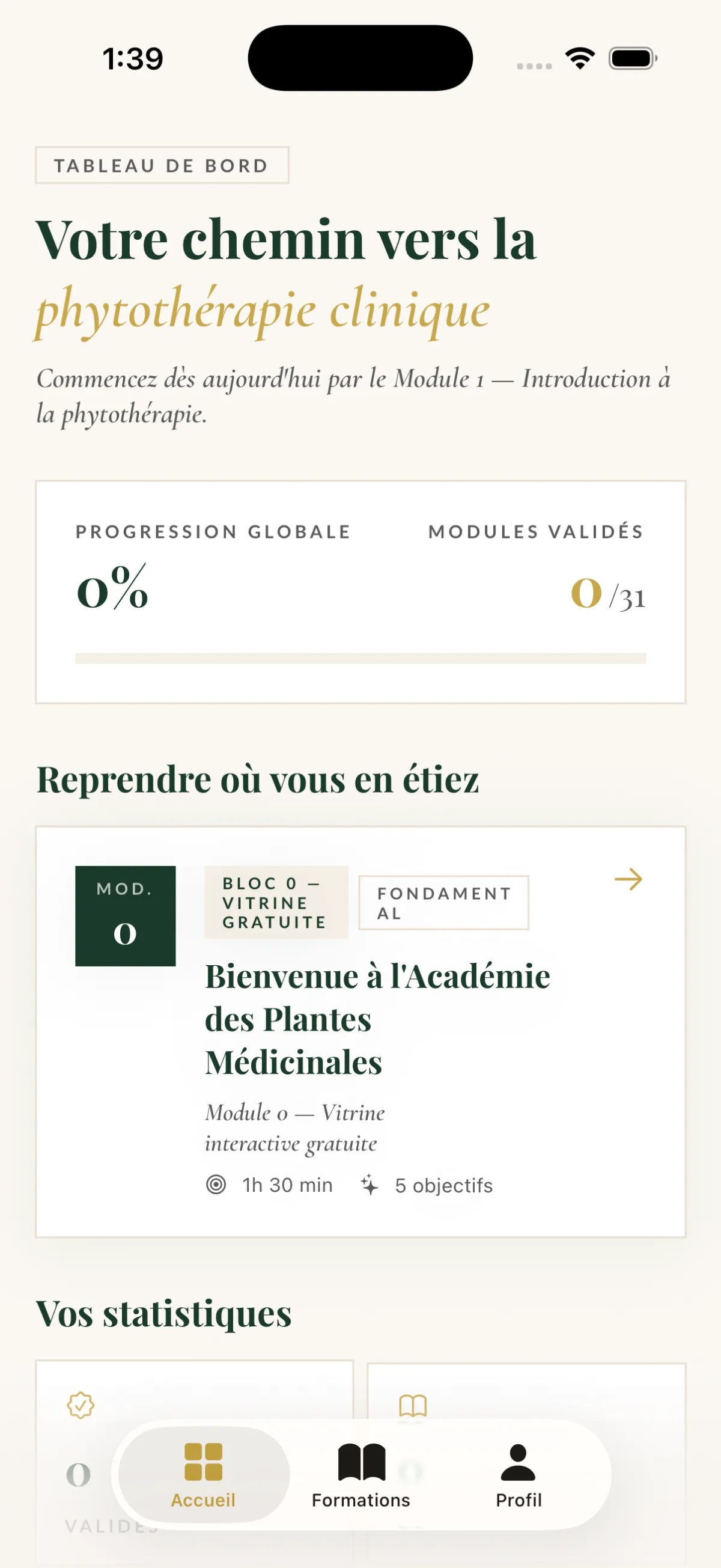 Académie des Plantes — tableau de bord élève avec progression globale et modules