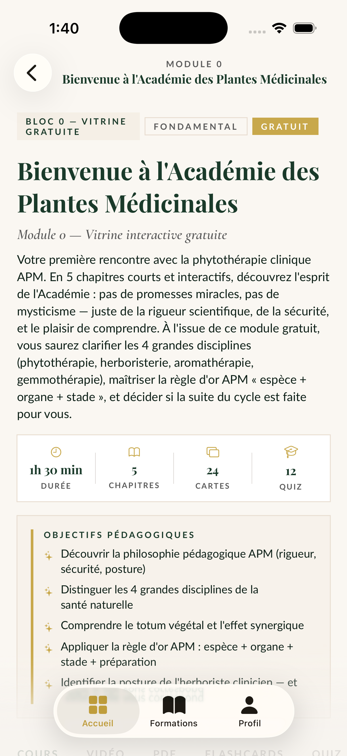 Académie des Plantes — détail d'un module de formation avec chapitres, cartes et quiz
