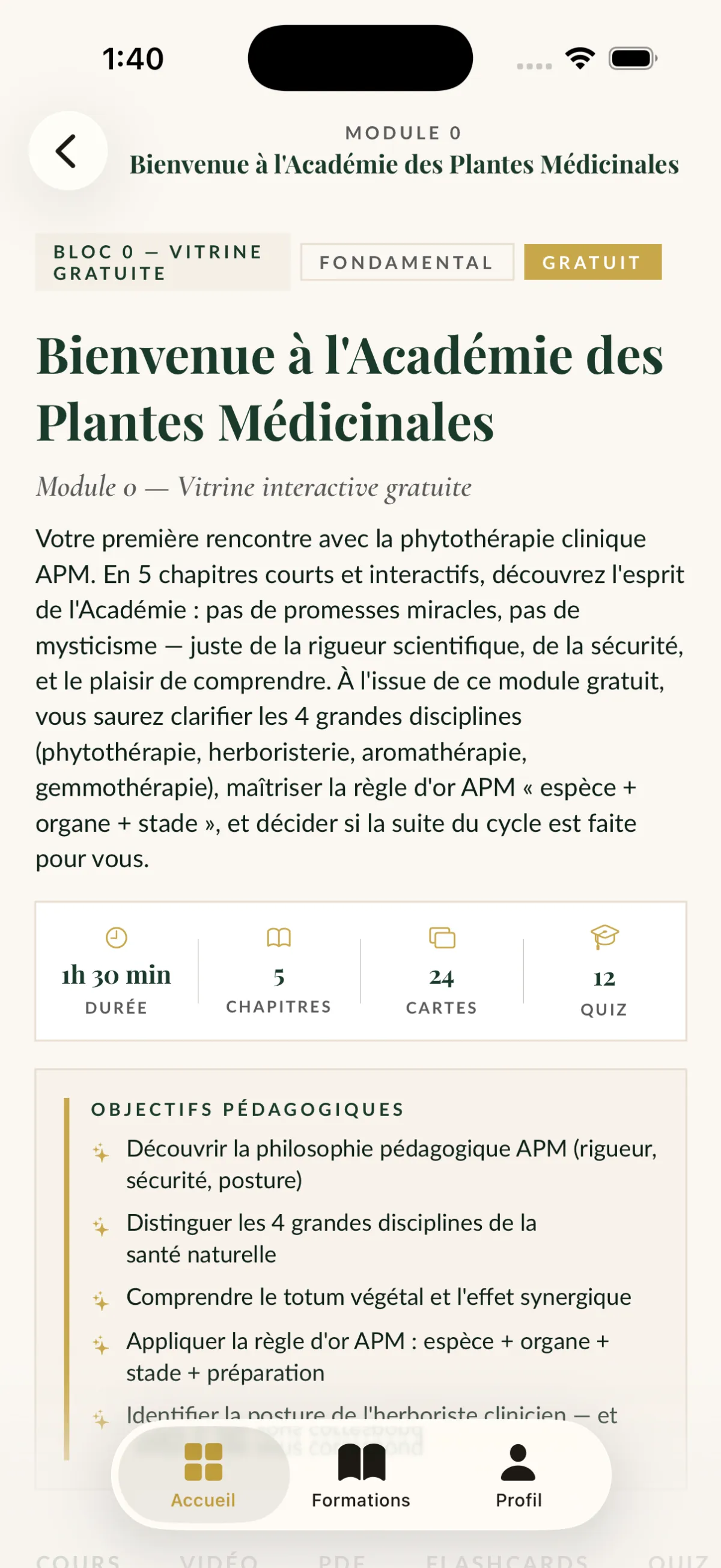Académie des Plantes — détail d'un module de formation avec chapitres, cartes et quiz
