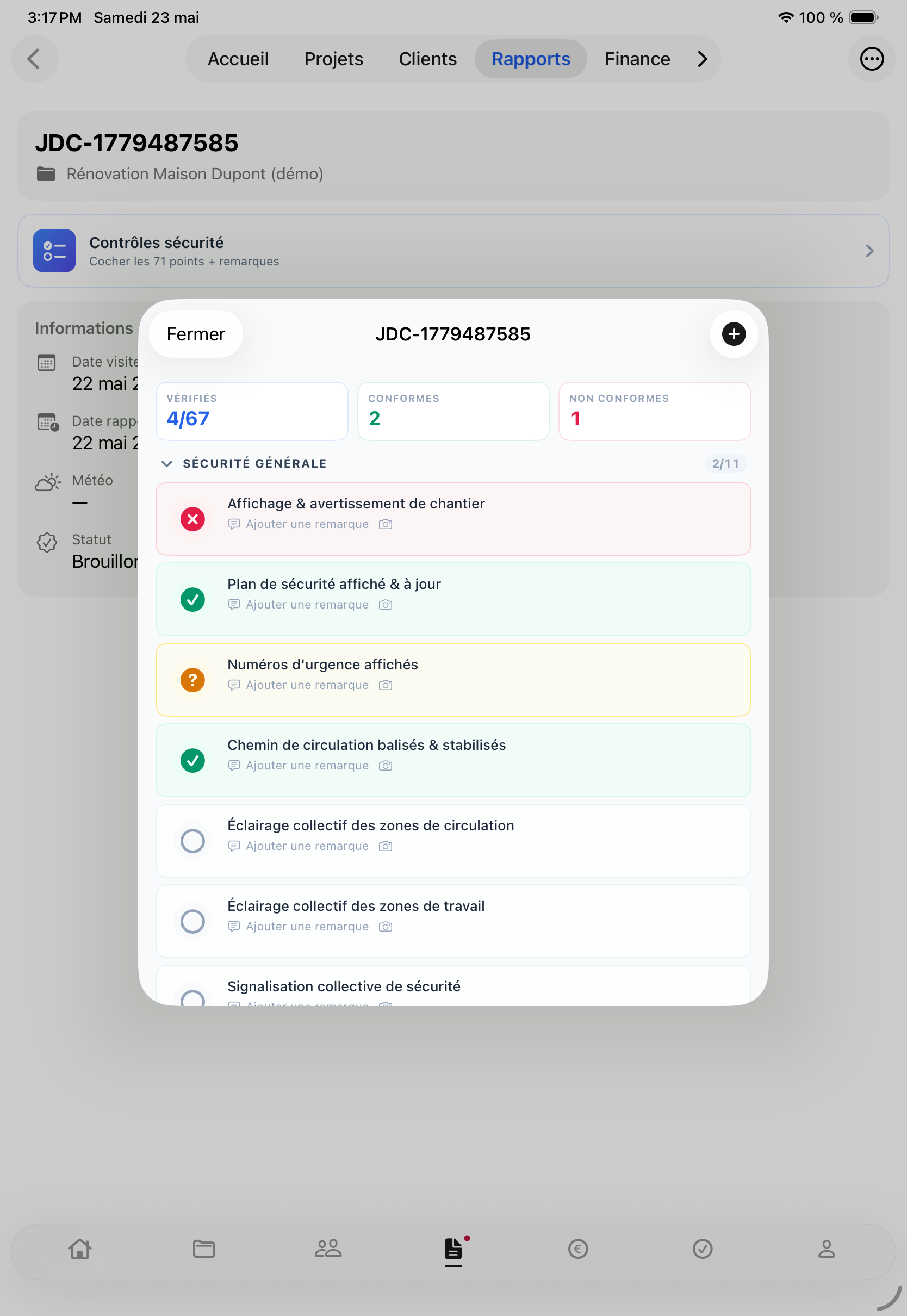 Contrôles sécurité dans Dedal IA — checklist intelligente sur chantier avec statuts conformes / non conformes