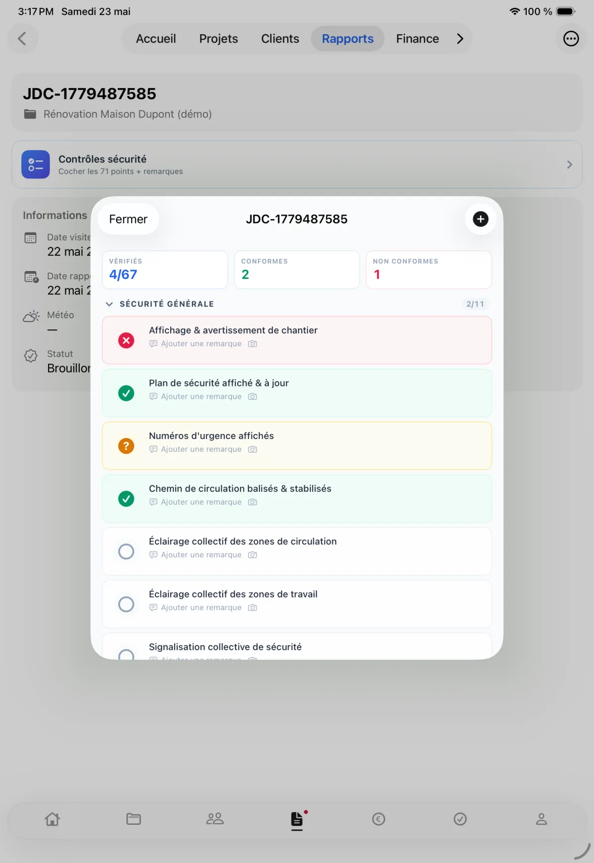 Contrôles sécurité dans Dedal IA — checklist intelligente sur chantier avec statuts conformes / non conformes