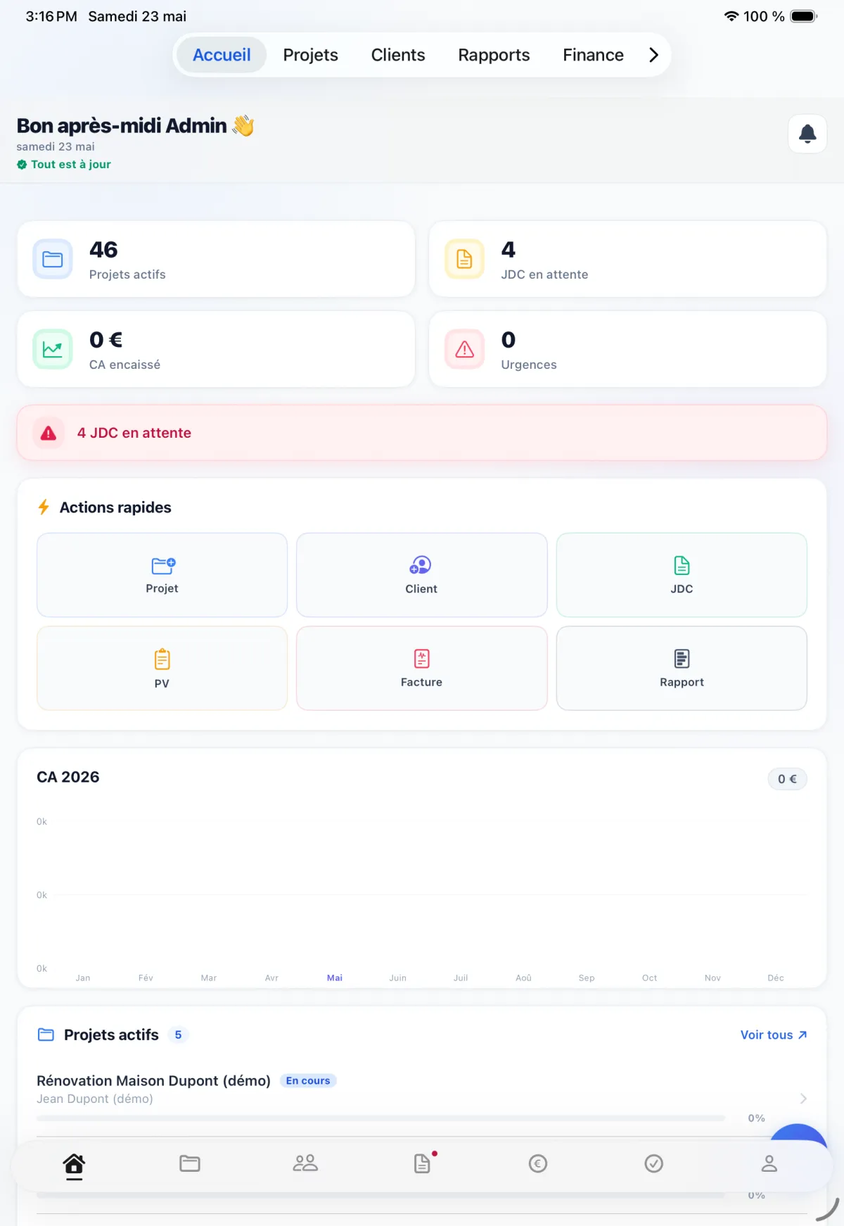 Dashboard de l'application Dedal IA sur iPad — projets actifs, JDC en attente, CA encaissé et actions rapides