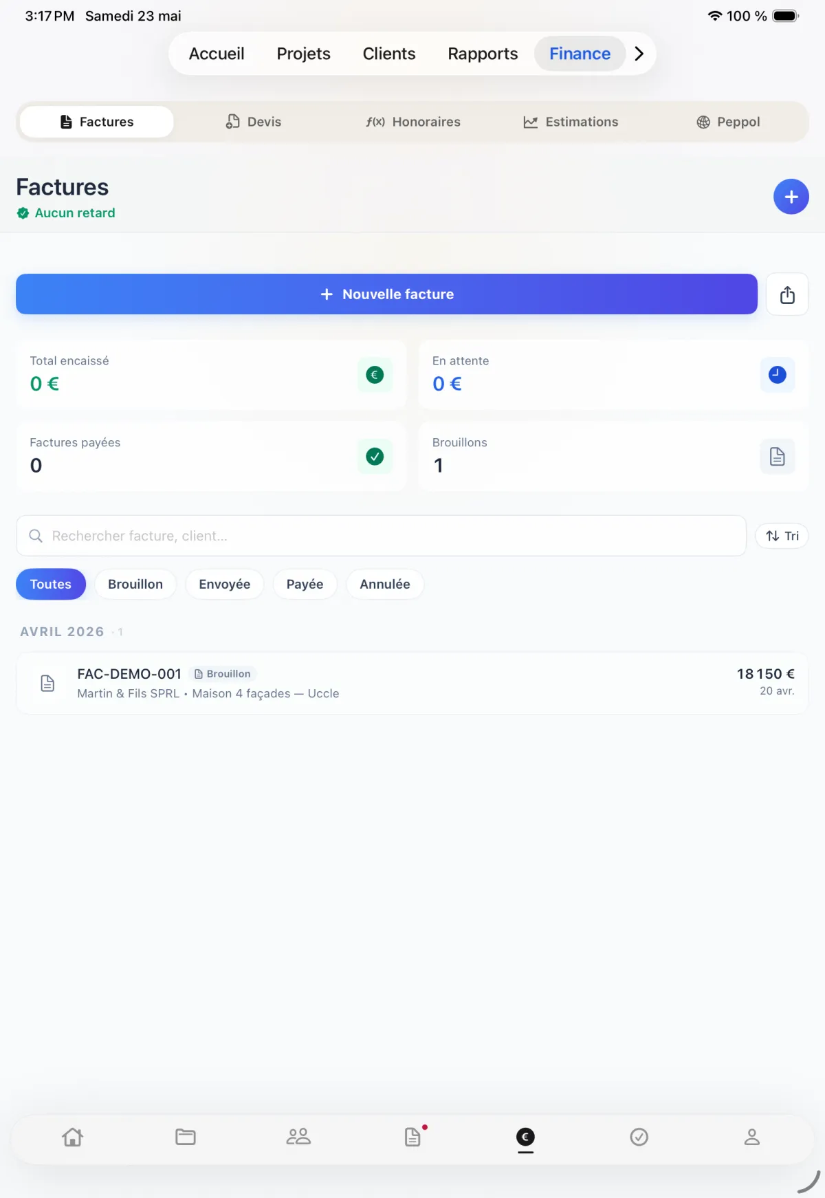 Module factures de Dedal IA — total encaissé, factures en attente, brouillons et envois